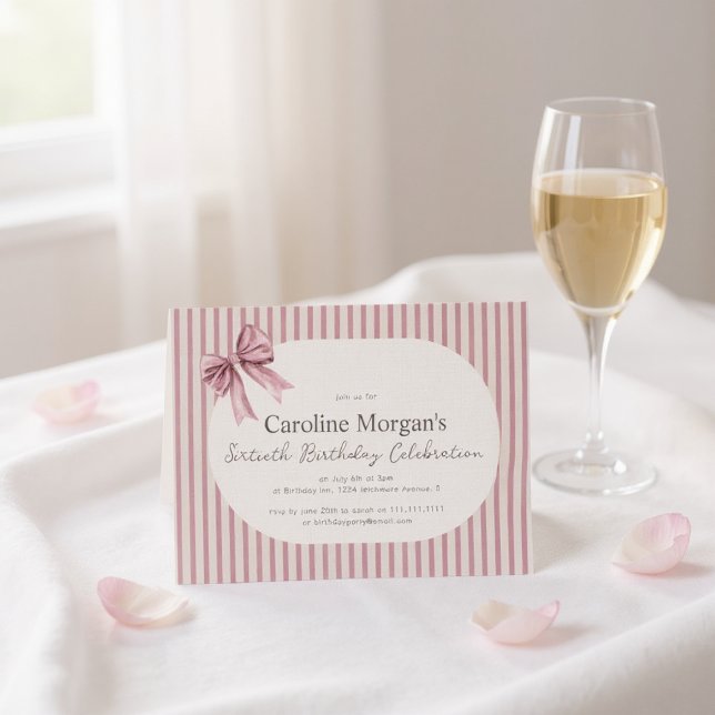 Invitación Pink Striped Bow 60th Birthday Celebration  (Subido por el creador)