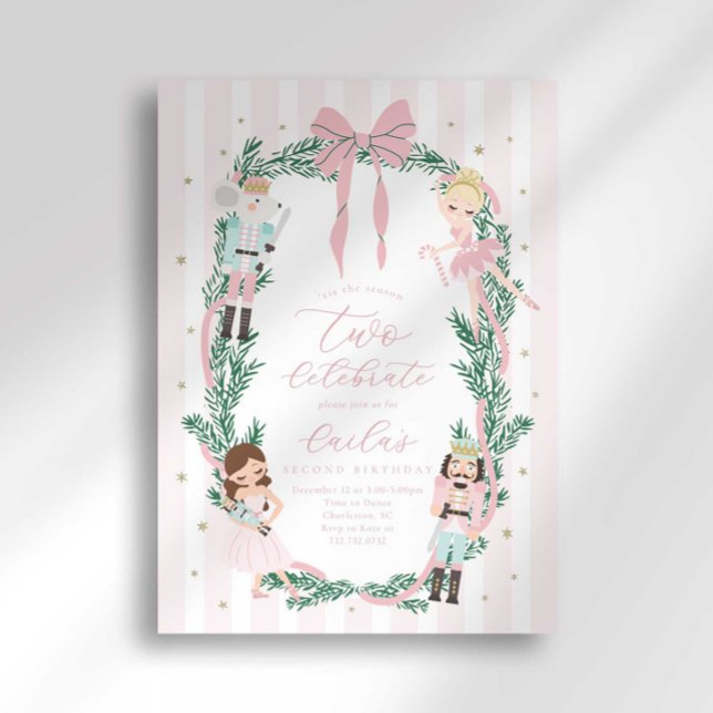 Invitación Pink Striped Bow Nutcracker Ballet 2nd Birthday (Subido por el creador)