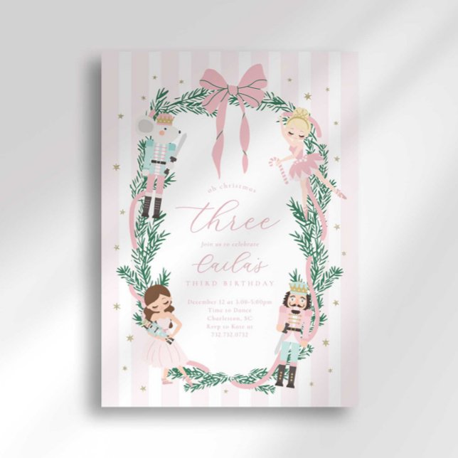 Invitación Pink Striped Bow Nutcracker Ballet Third Birthday (Subido por el creador)