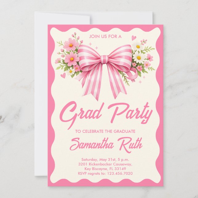 Invitación Pink Striped Bows & Ribbons Graduation Party (Anverso)
