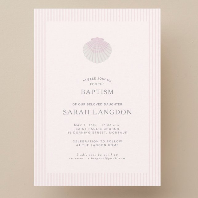 Invitación Pink striped coast shell baptism Invitation (Subido por el creador)