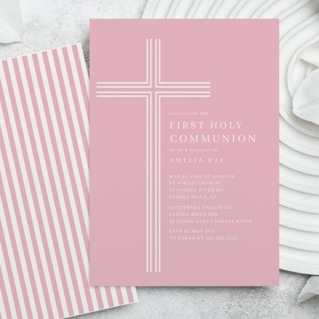 Invitación Pink Striped First Communion Invitation (Subido por el creador)