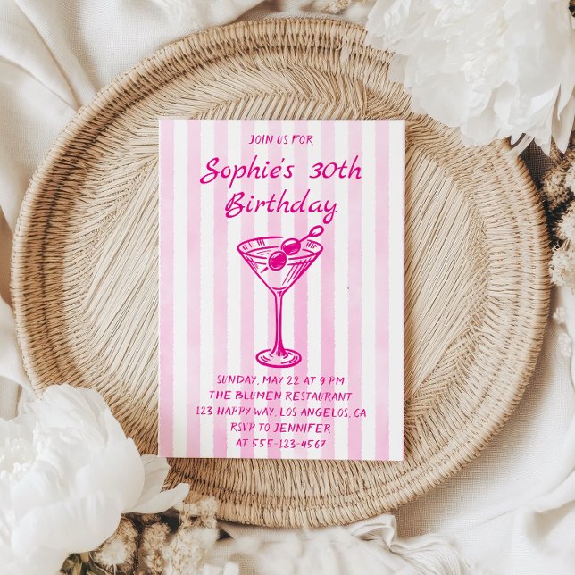 Invitación Pink Striped Martini 30th Birthday – Chic Adult  (Subido por el creador)