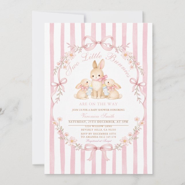 Invitación Pink Striped Twins Bunnies Baby Shower Invitation (Anverso)