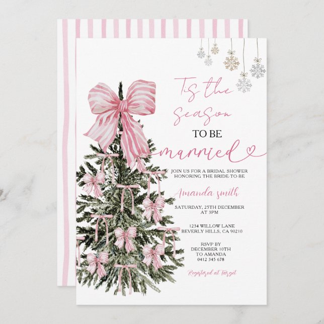 Invitación Pink Stripes Bow Christmas Tree Couple Wedding (Anverso / Reverso)