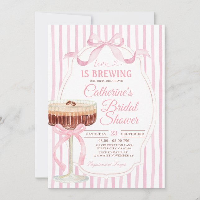 Invitación Pink Stripes Bow Love Is Brewing Bridal Shower  (Anverso)