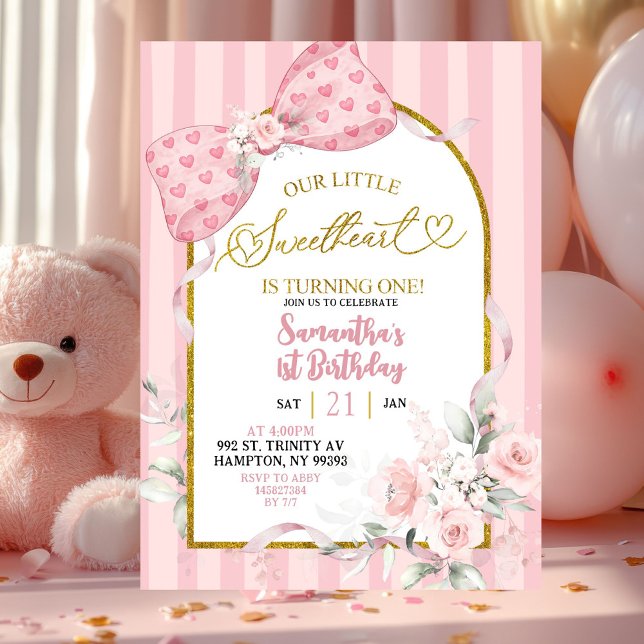 Invitación Pink Stripes Coquette Sweetheart First Birthday (Subido por el creador)