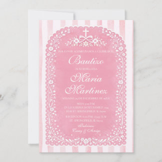 Invitación Pink Stripes Girl Spanish Bautizo Papel Picado