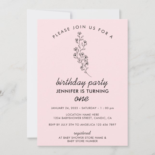 Invitación Pink Summer Fall one year 1st Birthday Party (Anverso)