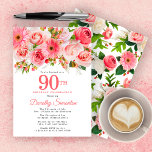 Invitación Pink Summer Floral Pretty 90th Birthday<br><div class="desc">Roses, peonies and daises create pretty summer pink floral design. Buds and foliage add a rustic vibe. 90th is written in a large bold text. It can be changed for any year you wish. The birthday celebrant's name is written in an elegant script font. The back of the invitation is...</div>