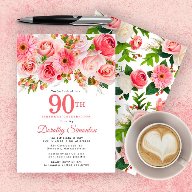 Invitación Pink Summer Floral Pretty 90th Birthday (Subido por el creador)