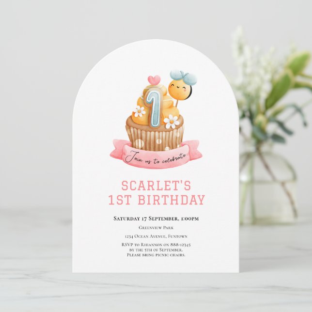 Invitación Pink Sunshine Cupcake 1st birthday (Anverso de pie)