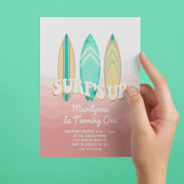 Invitación Pink Surfs Up Surfboard Primer cumpleaños