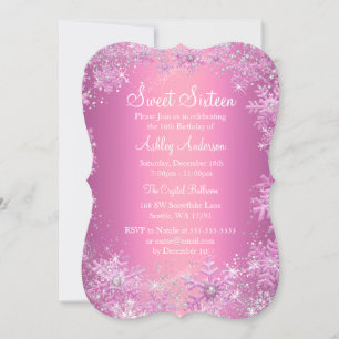 Invitación Pink Sweet 16 Winter Wonderland Sparkle Snowflakes