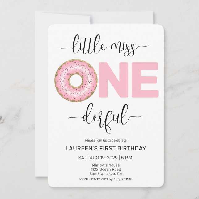 Invitación Pink Sweet Little MIss 1st Birthday Rounded Edges (Anverso)
