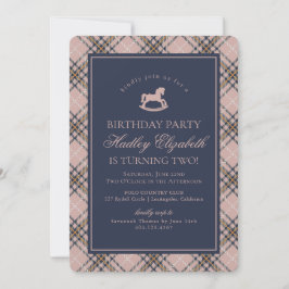 Invitación Pink Tartan Plaid Classic Rocking Horse Birthday