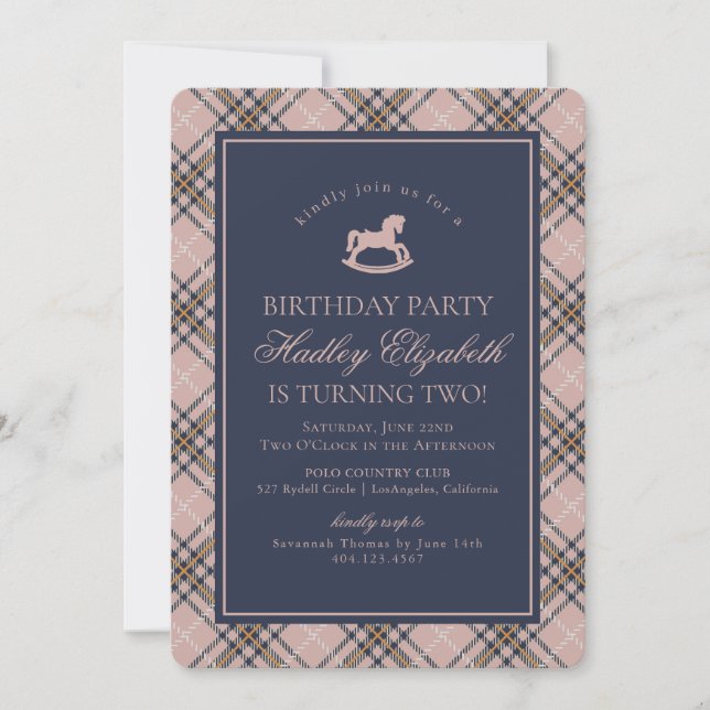 Invitación Pink Tartan Plaid Classic Rocking Horse Birthday (Anverso)