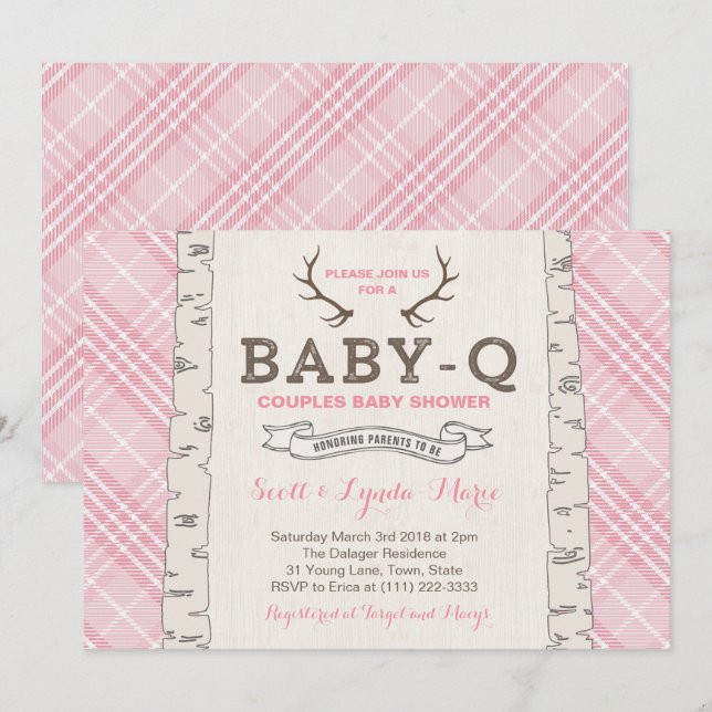 Invitación Pink Tartan Plaid Parejas Baby Shower para Chica (Anverso / Reverso)
