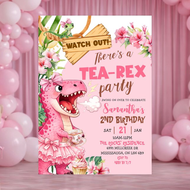 Invitación Pink Tea Rex On The Loose Girl Birthday (Subido por el creador)
