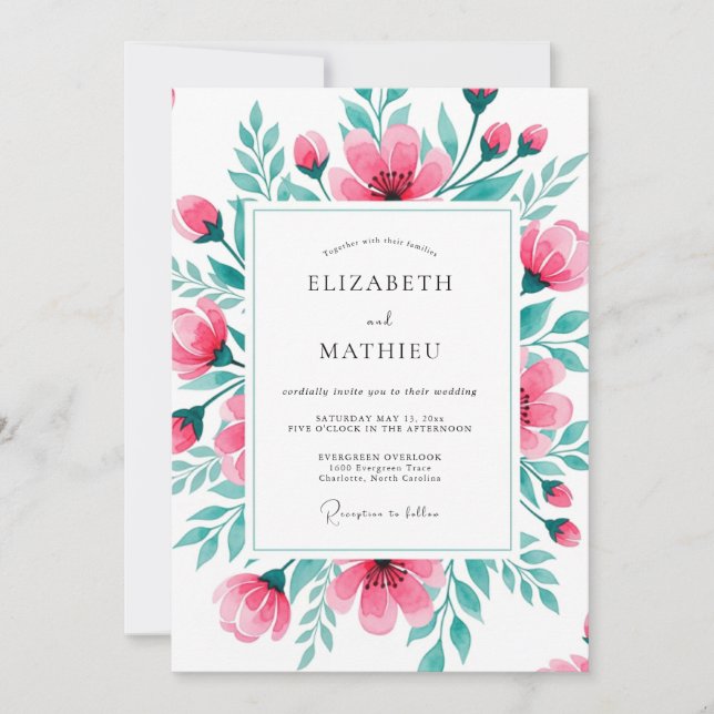 Invitación Pink Teal Vibrant Botanical Wedding (Anverso)