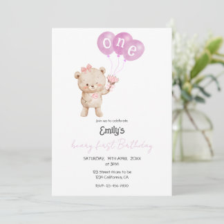 Invitación Pink Teddy Bear 1st Birthday Party for Girl