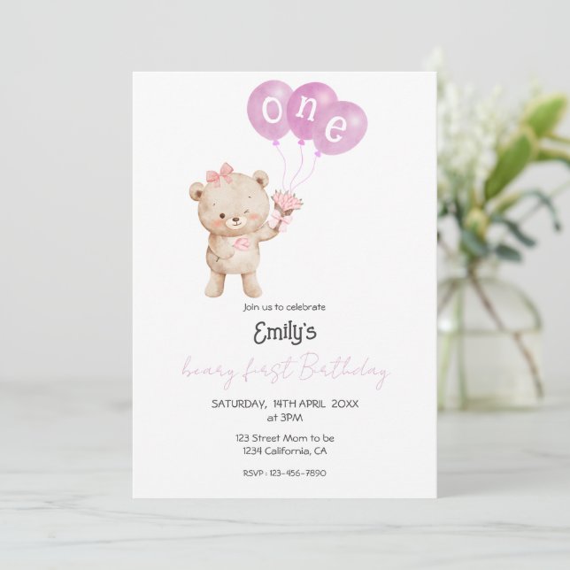 Invitación Pink Teddy Bear 1st Birthday Party for Girl (Anverso de pie)