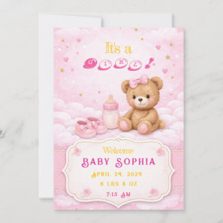Invitación Pink Teddy Bear Baby Girl Birth Announcement Card