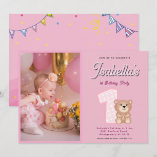 Invitación Pink Teddy Bear Baby Girl Primer Cumpleaños
