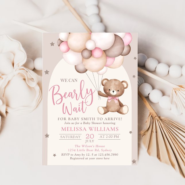 Invitación Pink Teddy Bear Balloon Bearly Wait Baby Shower (Subido por el creador)
