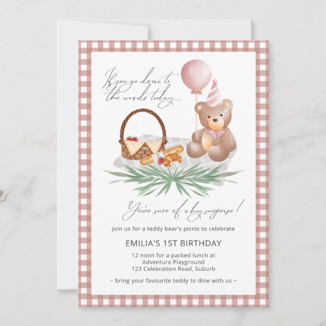 Invitación Pink Teddy Bear Balloon Picnic Primer Cumpleaños  (Anverso)