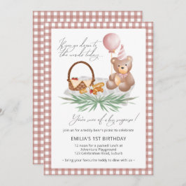 Invitación Pink Teddy Bear Balloon Picnic Primer Cumpleaños