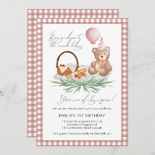 Invitación Pink Teddy Bear Balloon Picnic Primer Cumpleaños