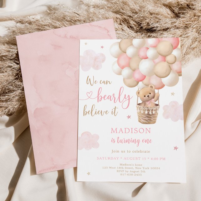 Invitación Pink Teddy Bear Balón de aire caliente Cumpleaños (Subido por el creador)