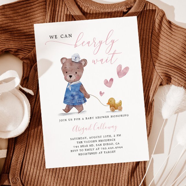 Invitación Pink Teddy Bear Bearly Wait Baby Shower (Subido por el creador)