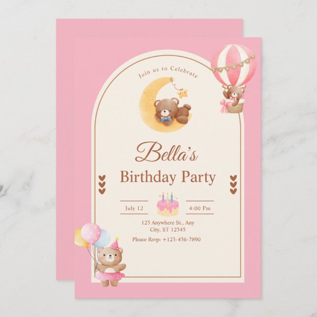 Invitación Pink Teddy Bear Birthday Invitation, Girl Birthday (Anverso / Reverso)