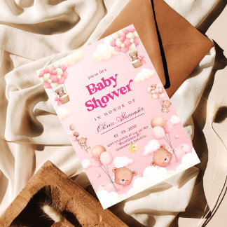 Invitación Pink Teddy Bear Hot Air Balloon Baby Shower