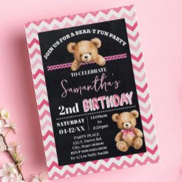 Invitación Pink Teddy Bear Little Bear Birday Pink Chevron