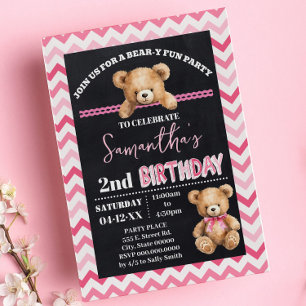 Invitación Pink Teddy Bear Little Bear Birday Pink Chevron