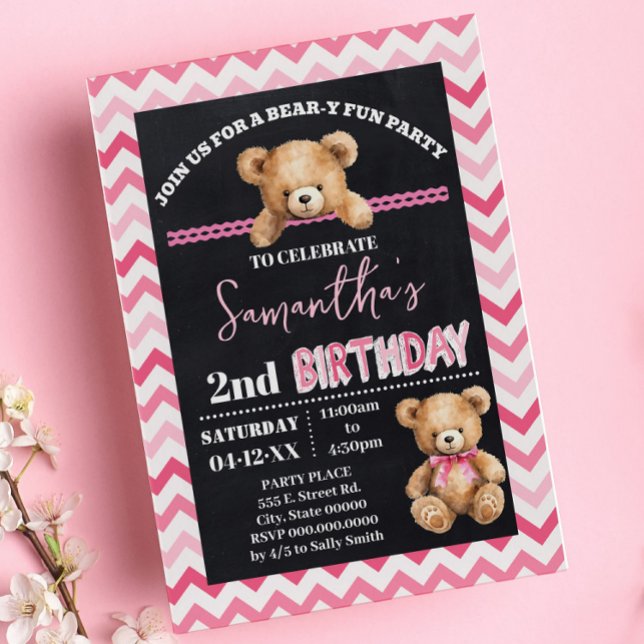 Invitación Pink Teddy Bear Little Bear Birday Pink Chevron (Subido por el creador)