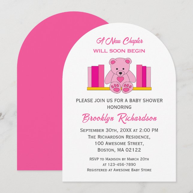 Invitación Pink Teddy Bear New Chapter Storybook Baby Shower (Anverso / Reverso)