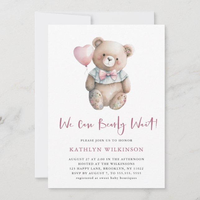 Invitación Pink Teddy Podemos Bear Esperar Chica Baby Shower (Anverso)