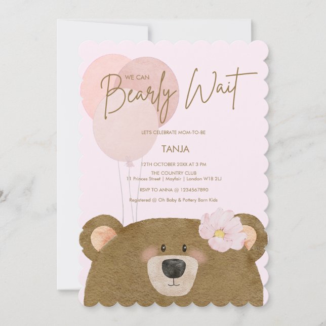 Invitación Pink Teddy Podemos Esperar Al Chica Baby Shower In (Anverso)