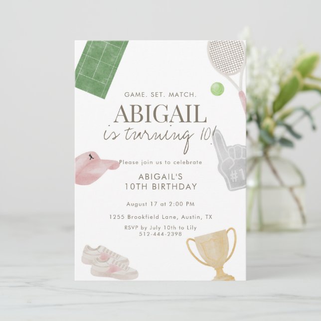 Invitación Pink Tennis 10th Birthday Party for Girls Preppy  (Anverso de pie)