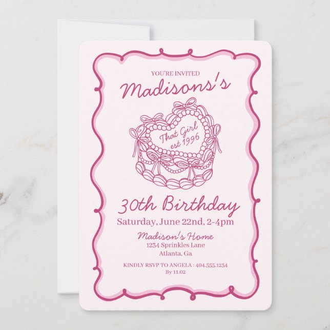 Invitación Pink That Chica Retro Heart Coquette Cake Cumpleañ (Anverso)