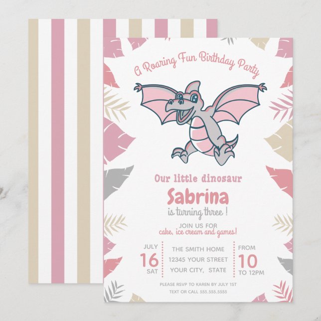 Invitación Pink the Little Dinosaur Kid's Birthday Party (Fie (Anverso / Reverso)