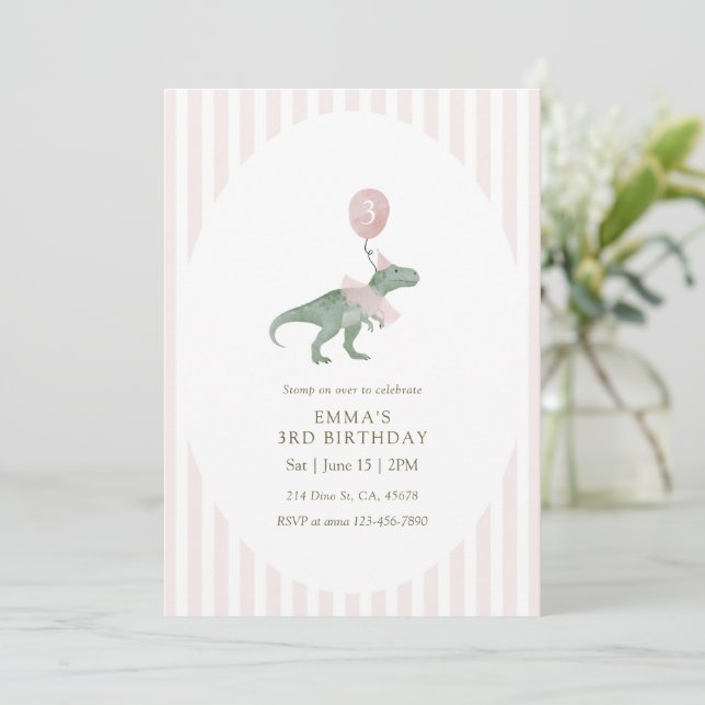 Invitación Pink Three Rex Dinosaur balloon Third Birthday (Anverso de pie)