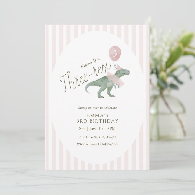 Invitación Pink Three Rex Dinosaur Third Birthday Invitation (Anverso de pie)