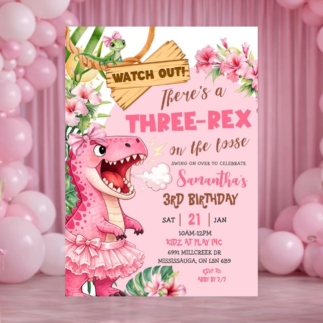 Invitación Pink Three Rex On The Loose Third Birthday (Subido por el creador)