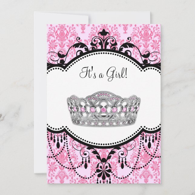 Invitación Pink Tiara Black Damask Baby Shower (Anverso)