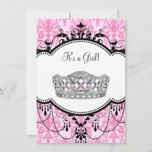 Invitación Pink Tiara Black Damask Baby Shower
